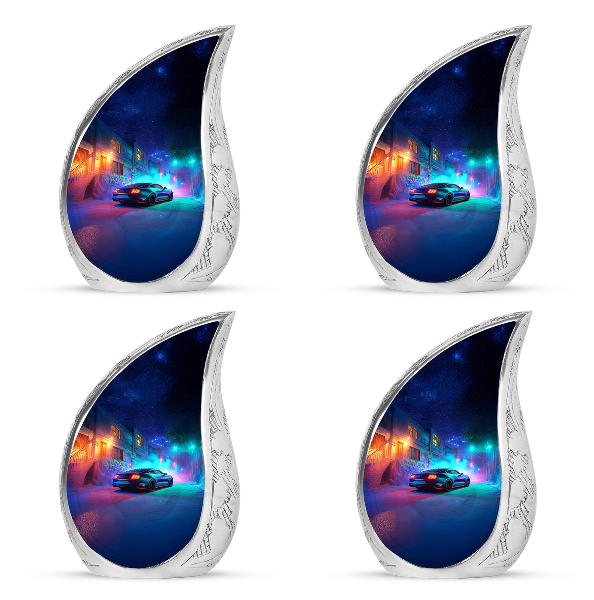 Sapphire Blue Car Cremation Urn close-up of engraving and surface detail - graceful tear-shaped urn with car motif - 10 inch aluminum urn for cremated remains