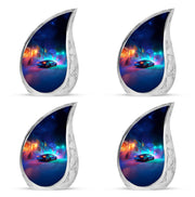 Sapphire Blue Car Cremation Urn close-up of engraving and surface detail - graceful tear-shaped urn with car motif - 10 inch aluminum urn for cremated remains