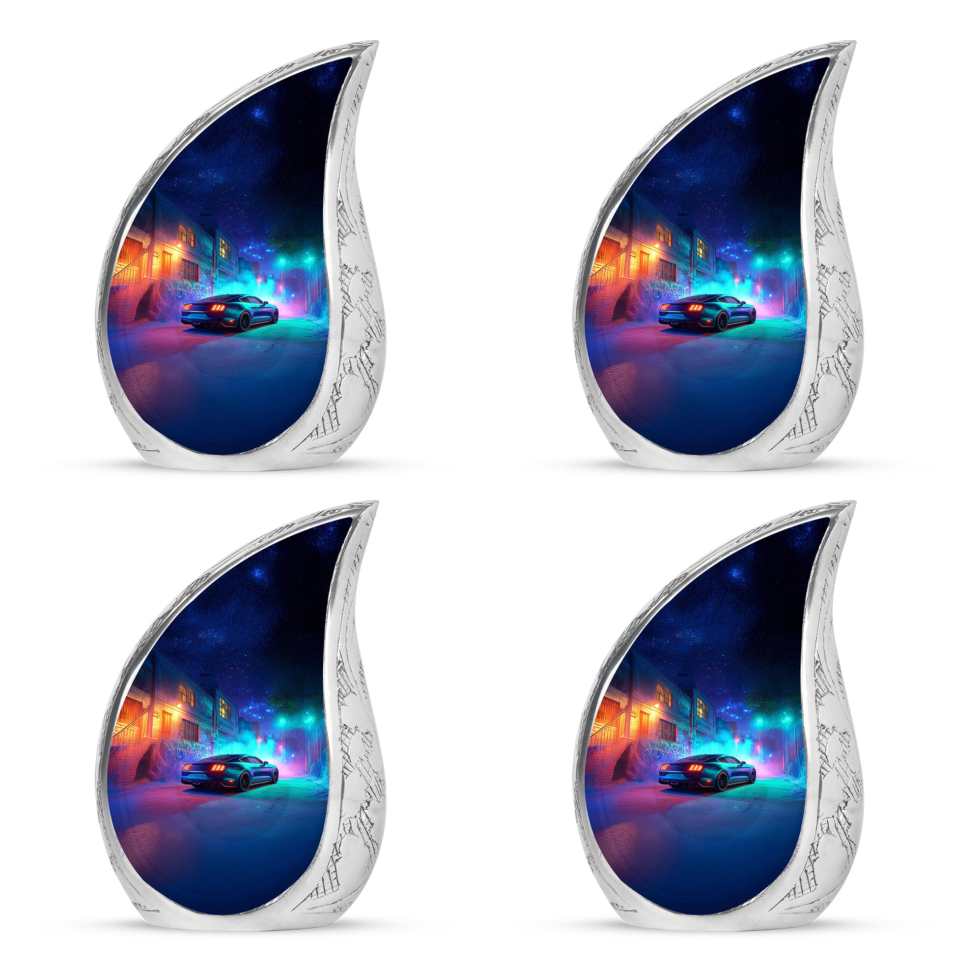 Sapphire Blue Car Cremation Urn close-up of engraving and surface detail - graceful tear-shaped urn with car motif - 10 inch aluminum urn for cremated remains