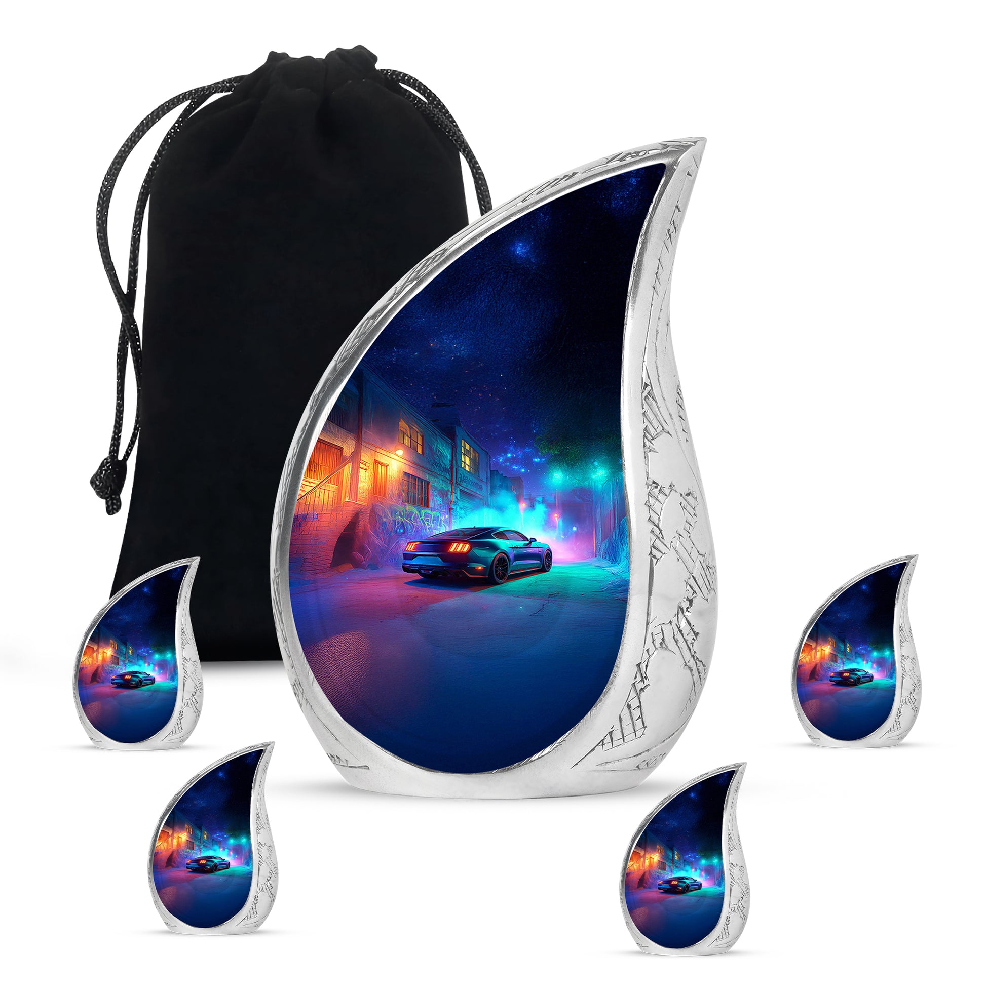 Celestial Blue Car Cremation Urn side profile showing urn shape - flowing teardrop car silhouette on curved aluminum - memorial set with one large and four small urns