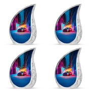 Royal Purple Car Cremation Urn close-up of engraving and surface detail - graceful tear-shaped urn with car motif - 10 inch aluminum urn for cremated remains