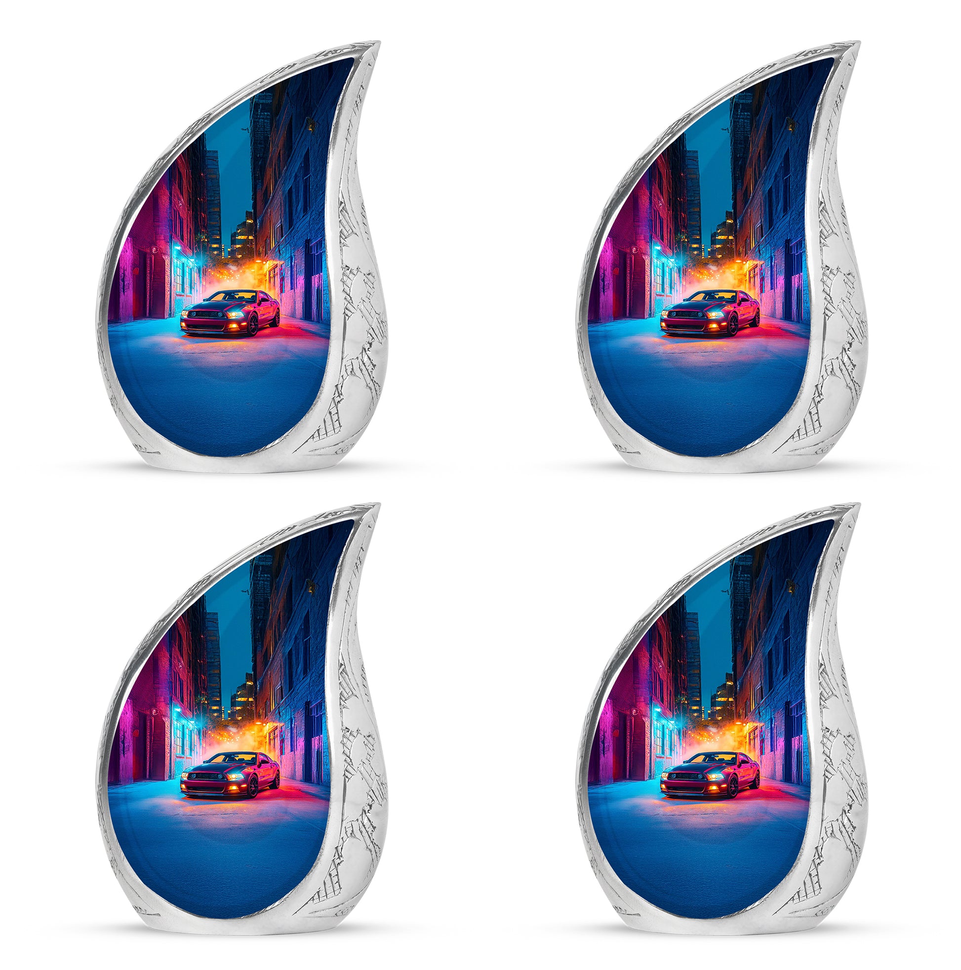 Royal Purple Car Cremation Urn close-up of engraving and surface detail - graceful tear-shaped urn with car motif - 10 inch aluminum urn for cremated remains