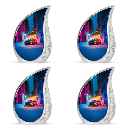 Royal Purple Car Cremation Urn close-up of engraving and surface detail - graceful tear-shaped urn with car motif - 10 inch aluminum urn for cremated remains
