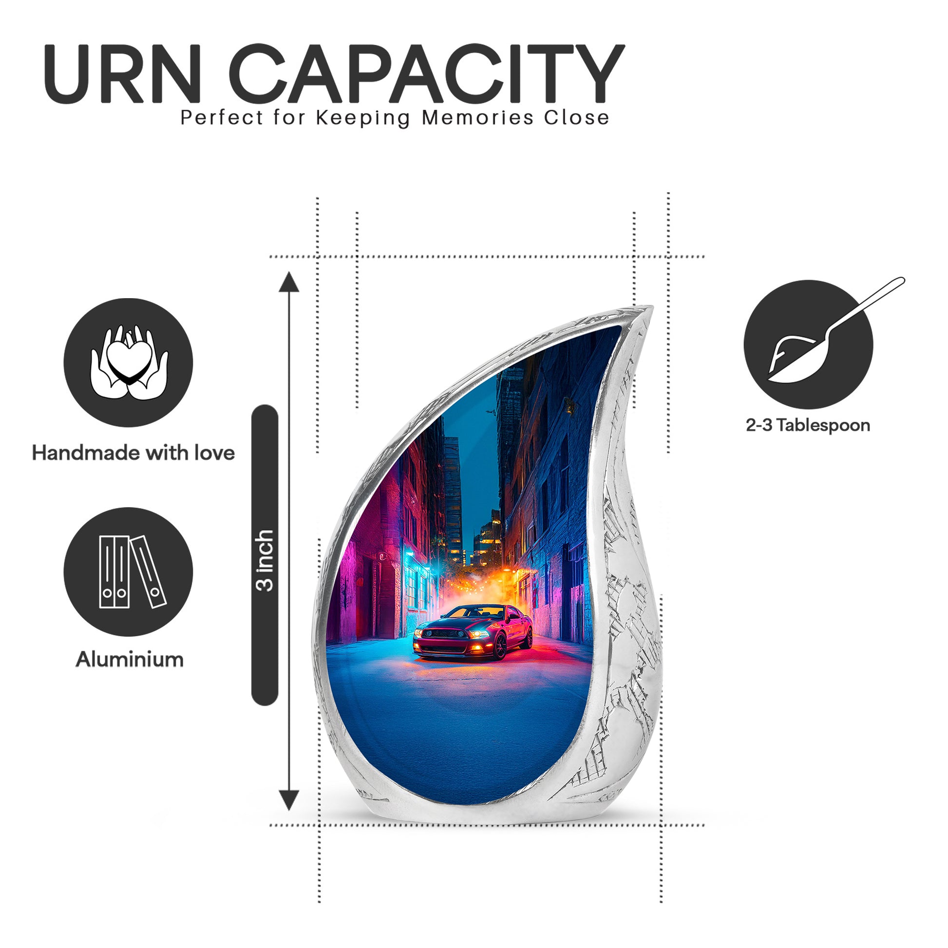 Majestic Purple Car Cremation Urn angled view of lid and engraved motif - rounded teardrop car design with delicate detail - mini keepsake memorial for portion of cremation ashes