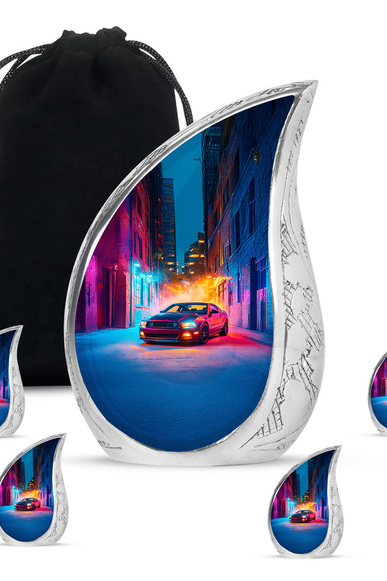 Twilight Purple Car Cremation Urn side profile showing urn shape - graceful tear-shaped urn with car motif - memorial set with one large and four small urns