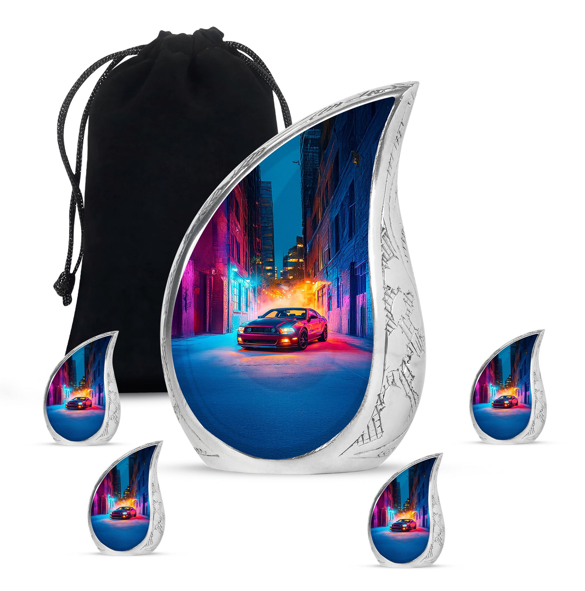 Twilight Purple Car Cremation Urn side profile showing urn shape - graceful tear-shaped urn with car motif - memorial set with one large and four small urns