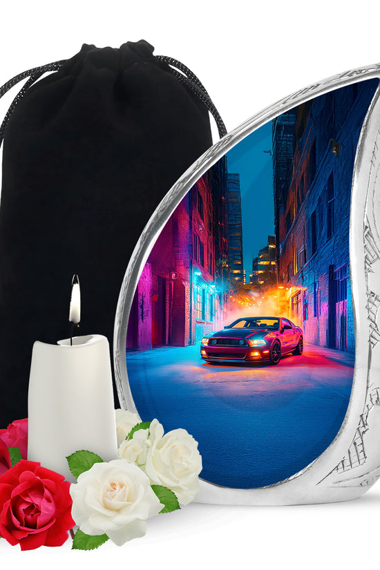 Twilight Purple Car Cremation Urn front view showing detailed design - graceful tear-shaped urn with car motif - full-size 10 inch 200 cubic inch adult cremation urn