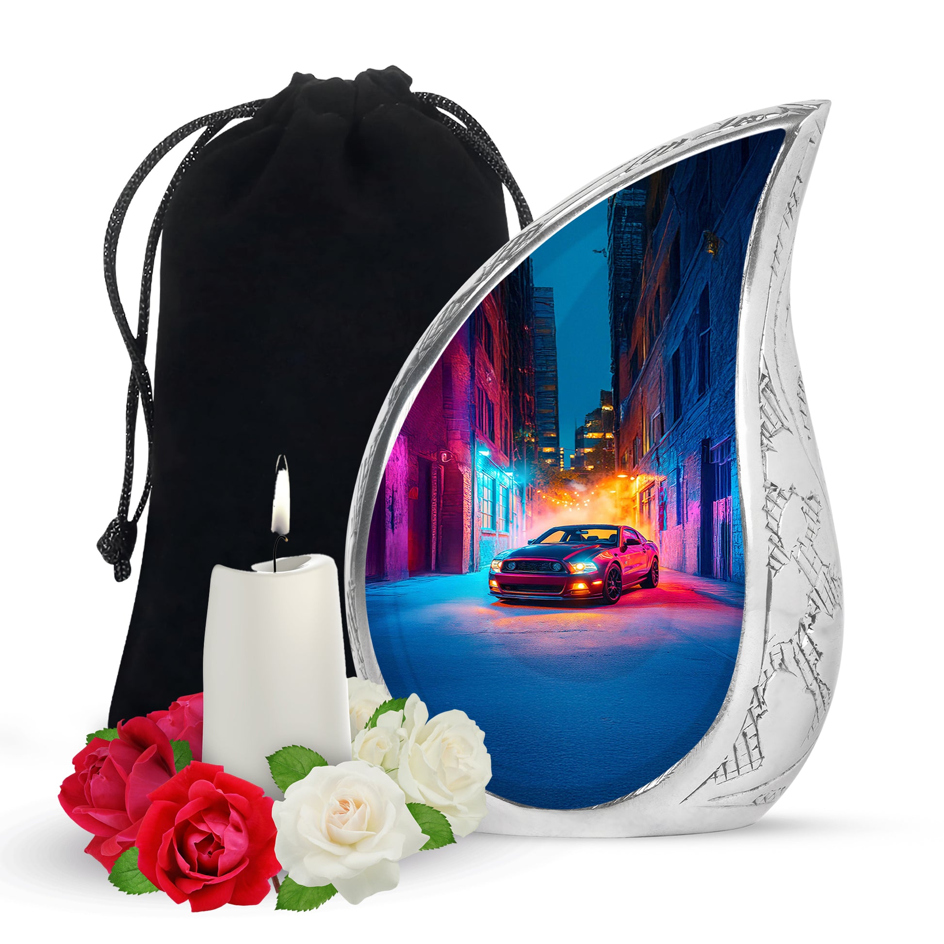 Twilight Purple Car Cremation Urn front view showing detailed design - graceful tear-shaped urn with car motif - full-size 10 inch 200 cubic inch adult cremation urn
