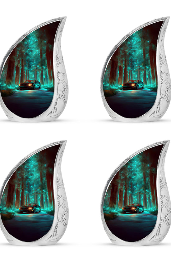 Vivid Teal Car Cremation Urn close-up of engraving and surface detail - smooth teardrop contour featuring car art - 10 inch aluminum urn for cremated remains