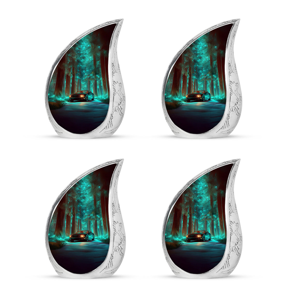 Vivid Teal Car Cremation Urn close-up of engraving and surface detail - smooth teardrop contour featuring car art - 10 inch aluminum urn for cremated remains