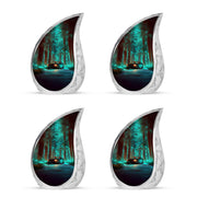 Vivid Teal Car Cremation Urn close-up of engraving and surface detail - smooth teardrop contour featuring car art - 10 inch aluminum urn for cremated remains