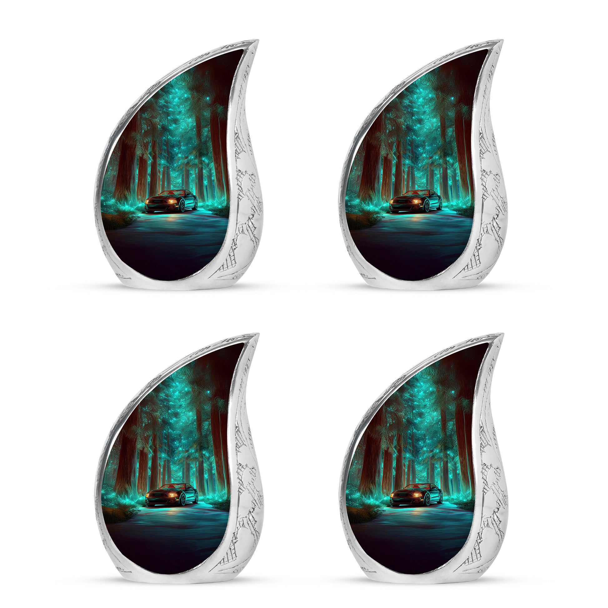 Vivid Teal Car Cremation Urn close-up of engraving and surface detail - smooth teardrop contour featuring car art - 10 inch aluminum urn for cremated remains