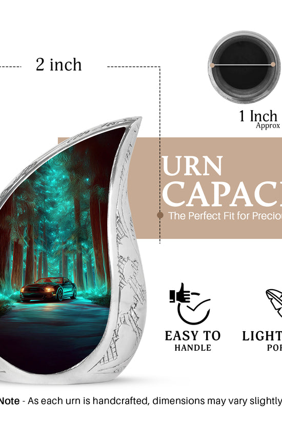 Aqua Teal Car Cremation Urn angled view of lid and engraved motif - smooth teardrop contour featuring car art - mini keepsake memorial for portion of cremation ashes