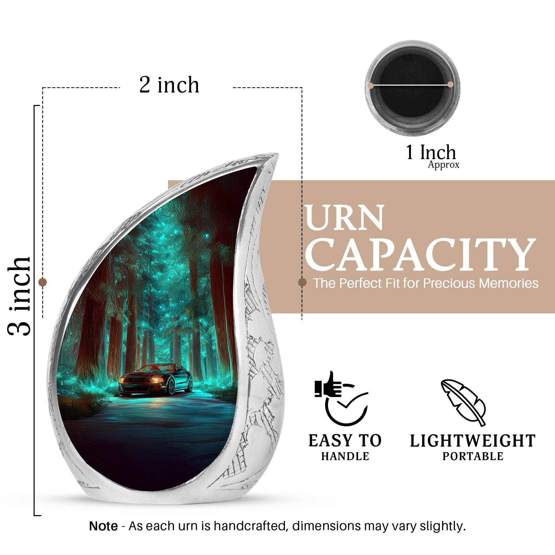 Aqua Teal Car Cremation Urn angled view of lid and engraved motif - smooth teardrop contour featuring car art - mini keepsake memorial for portion of cremation ashes