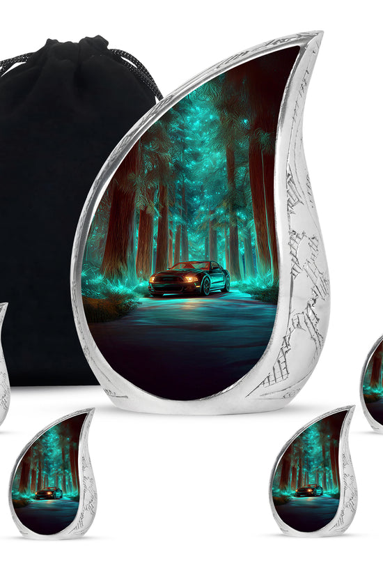 Deep Teal Car Cremation Urn side profile showing urn shape - graceful tear-shaped urn with car motif - memorial set with one large and four small urns