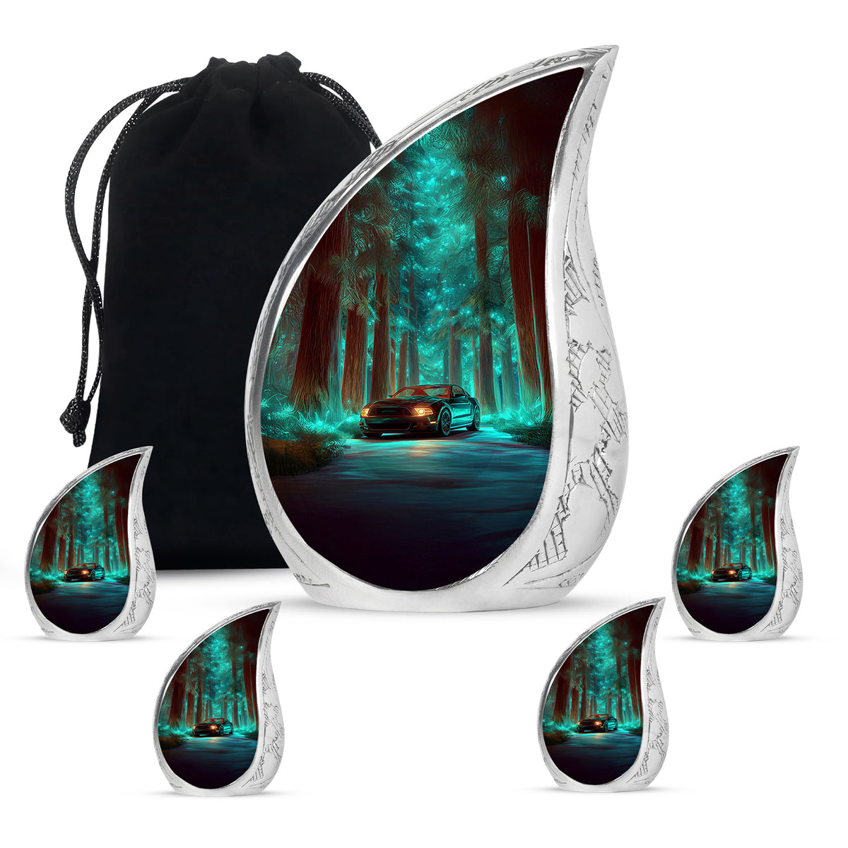 Deep Teal Car Cremation Urn side profile showing urn shape - graceful tear-shaped urn with car motif - memorial set with one large and four small urns