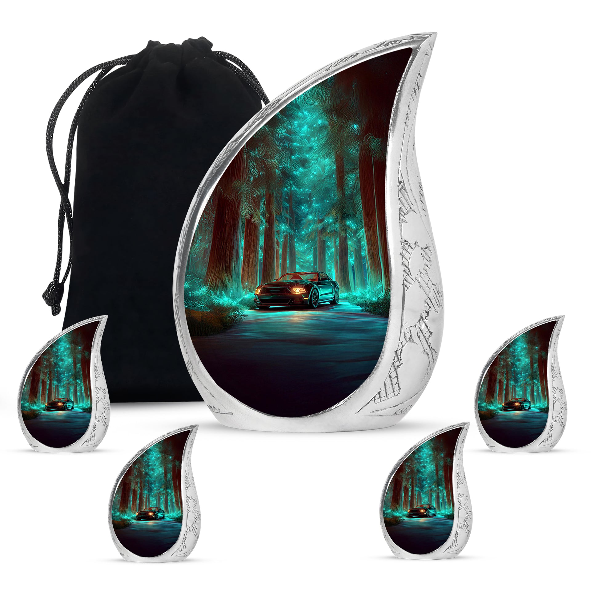 Deep Teal Car Cremation Urn side profile showing urn shape - graceful tear-shaped urn with car motif - memorial set with one large and four small urns
