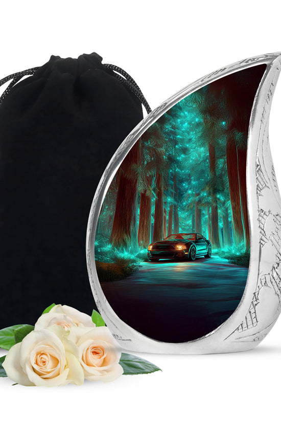 Jewel Teal Car Cremation Urn front view showing detailed design - rounded teardrop car design with delicate detail - full-size 10 inch 200 cubic inch adult cremation urn