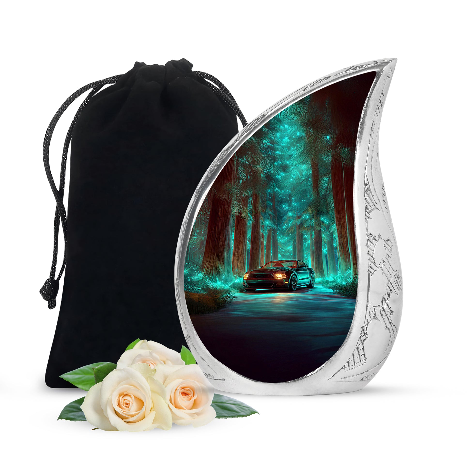 Jewel Teal Car Cremation Urn front view showing detailed design - rounded teardrop car design with delicate detail - full-size 10 inch 200 cubic inch adult cremation urn