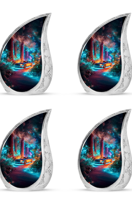 Indigo Car Cremation Urn close-up of engraving and surface detail - rounded teardrop car design with delicate detail - 10 inch aluminum urn for cremated remains