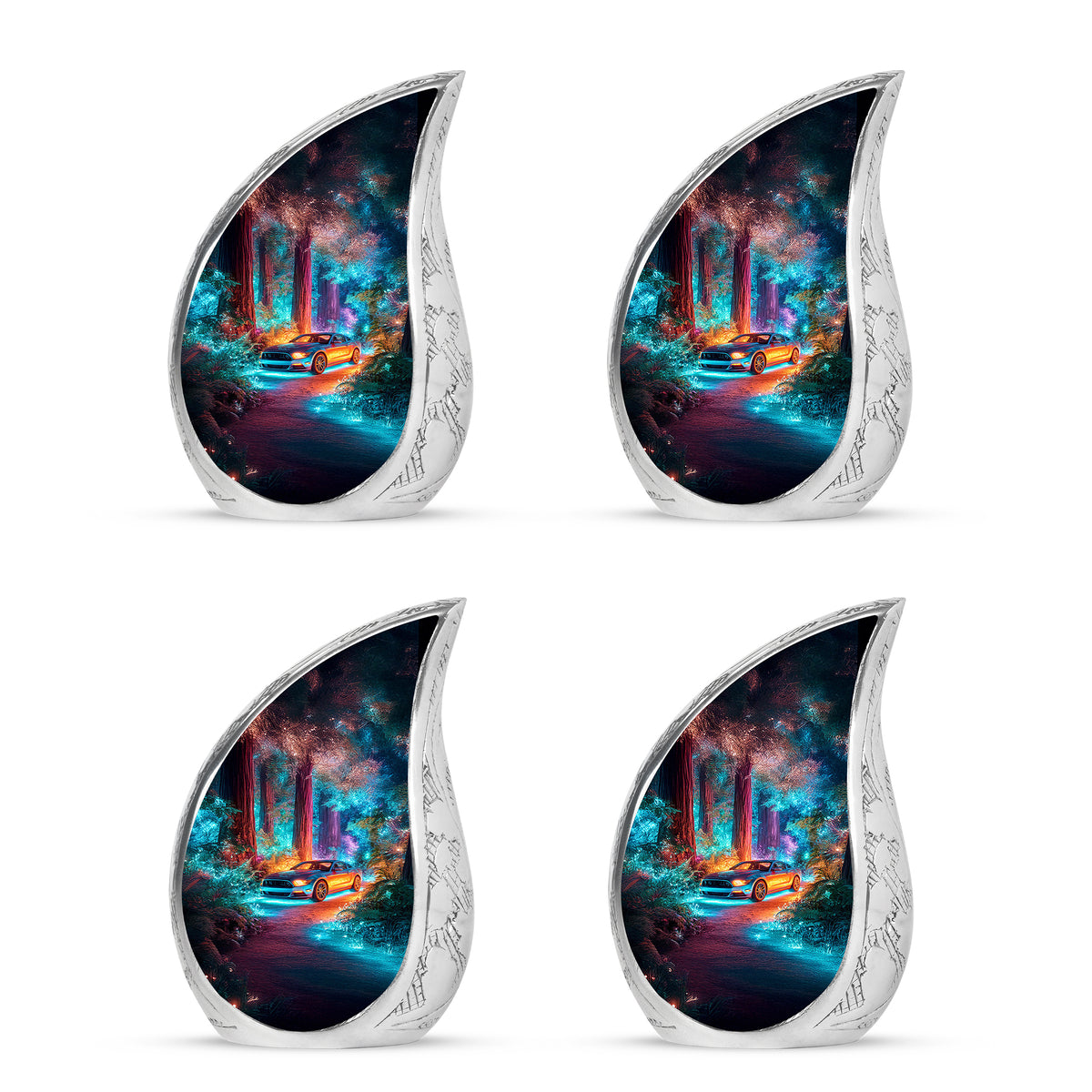 Indigo Car Cremation Urn close-up of engraving and surface detail - rounded teardrop car design with delicate detail - 10 inch aluminum urn for cremated remains
