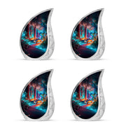 Indigo Car Cremation Urn close-up of engraving and surface detail - rounded teardrop car design with delicate detail - 10 inch aluminum urn for cremated remains
