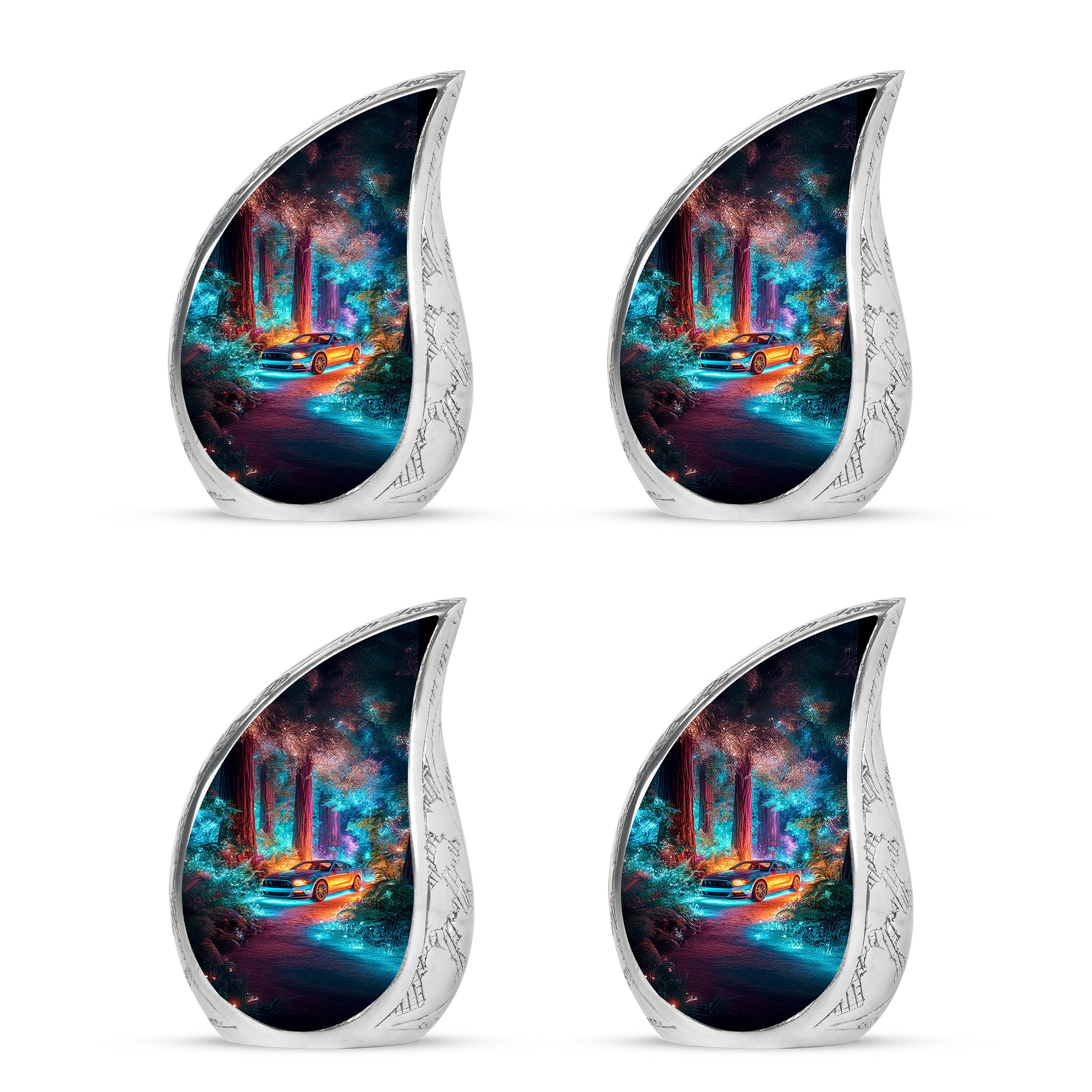 Indigo Car Cremation Urn close-up of engraving and surface detail - rounded teardrop car design with delicate detail - 10 inch aluminum urn for cremated remains