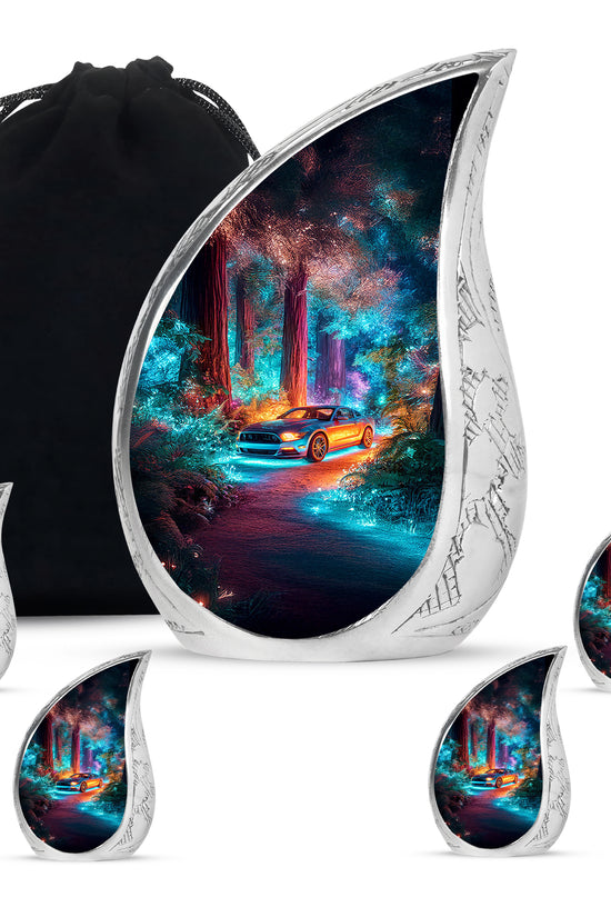 Bright Blue Car Cremation Urn side profile showing urn shape - smooth teardrop contour featuring car art - memorial set with one large and four small urns