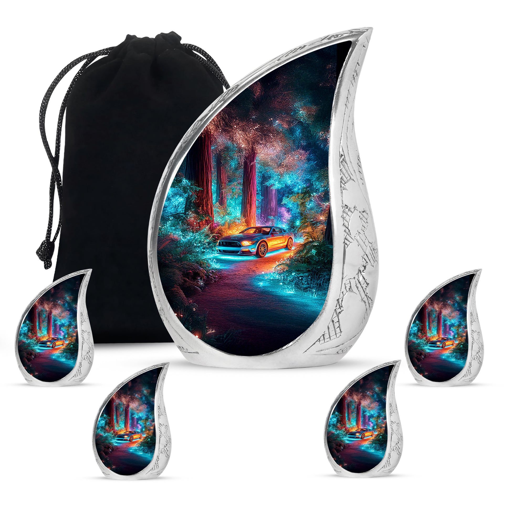 Bright Blue Car Cremation Urn side profile showing urn shape - smooth teardrop contour featuring car art - memorial set with one large and four small urns