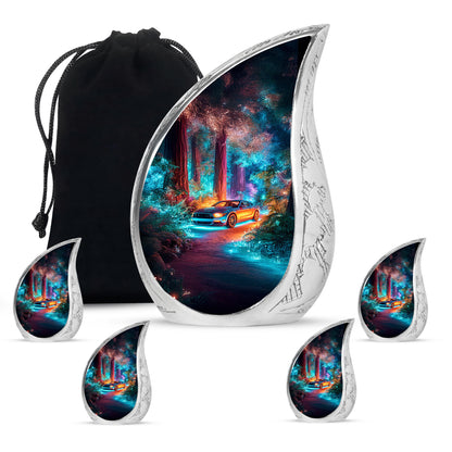 Bright Blue Car Cremation Urn side profile showing urn shape - smooth teardrop contour featuring car art - memorial set with one large and four small urns