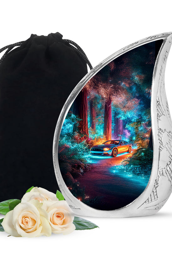 Misty Blue Car Cremation Urn front view showing detailed design - rounded teardrop car design with delicate detail - full-size 10 inch 200 cubic inch adult cremation urn