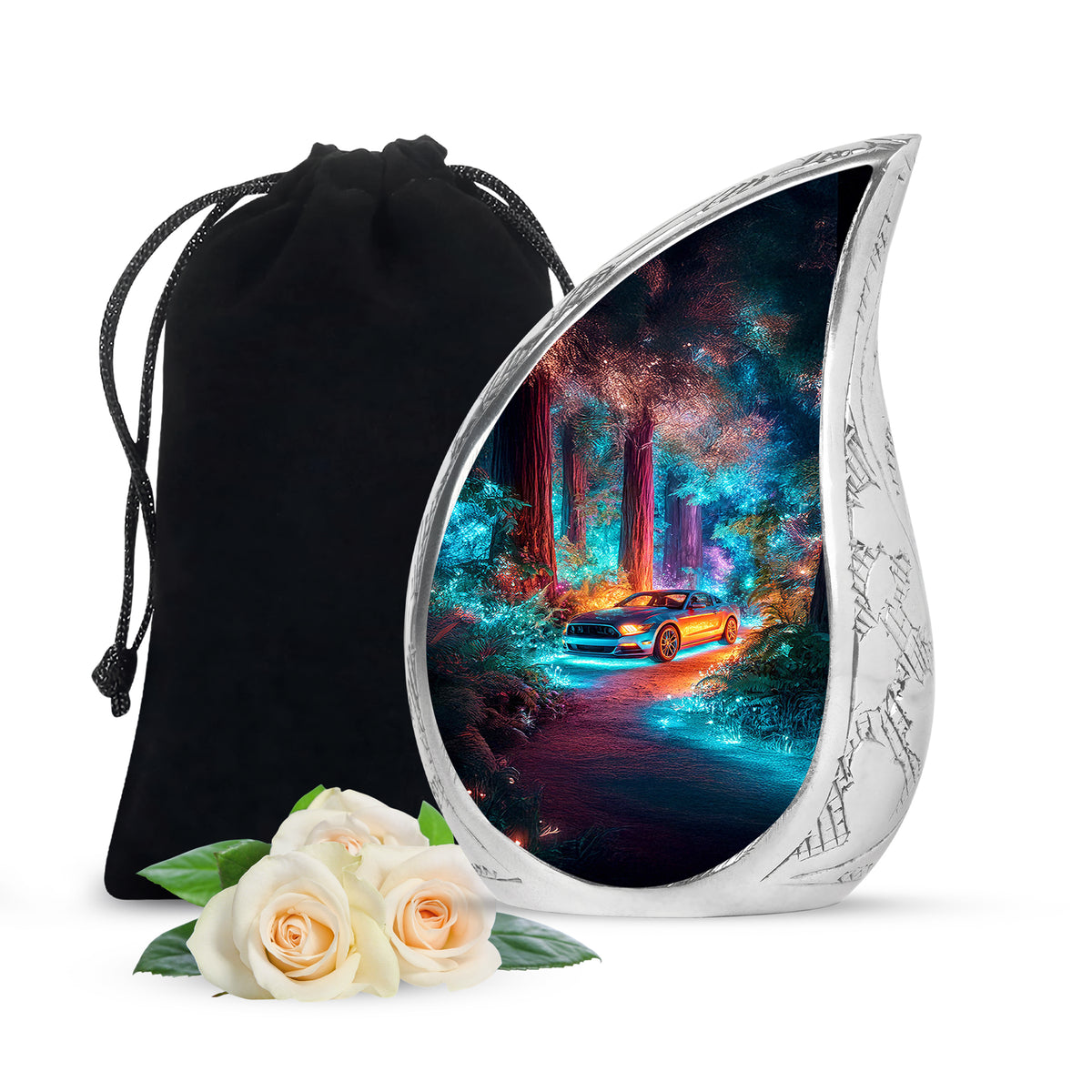 Misty Blue Car Cremation Urn front view showing detailed design - rounded teardrop car design with delicate detail - full-size 10 inch 200 cubic inch adult cremation urn