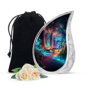 Misty Blue Car Cremation Urn front view showing detailed design - rounded teardrop car design with delicate detail - full-size 10 inch 200 cubic inch adult cremation urn