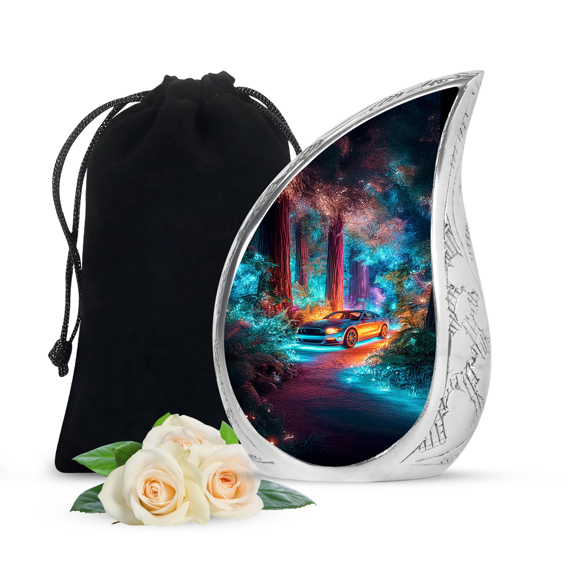 Misty Blue Car Cremation Urn front view showing detailed design - rounded teardrop car design with delicate detail - full-size 10 inch 200 cubic inch adult cremation urn