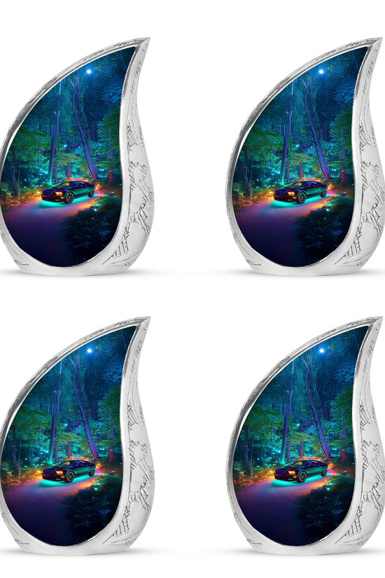 Celestial Blue Car Cremation Urn close-up of engraving and surface detail - flowing teardrop car silhouette on curved aluminum - 10 inch aluminum urn for cremated remains