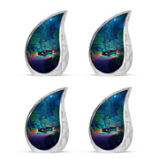 Celestial Blue Car Cremation Urn close-up of engraving and surface detail - flowing teardrop car silhouette on curved aluminum - 10 inch aluminum urn for cremated remains