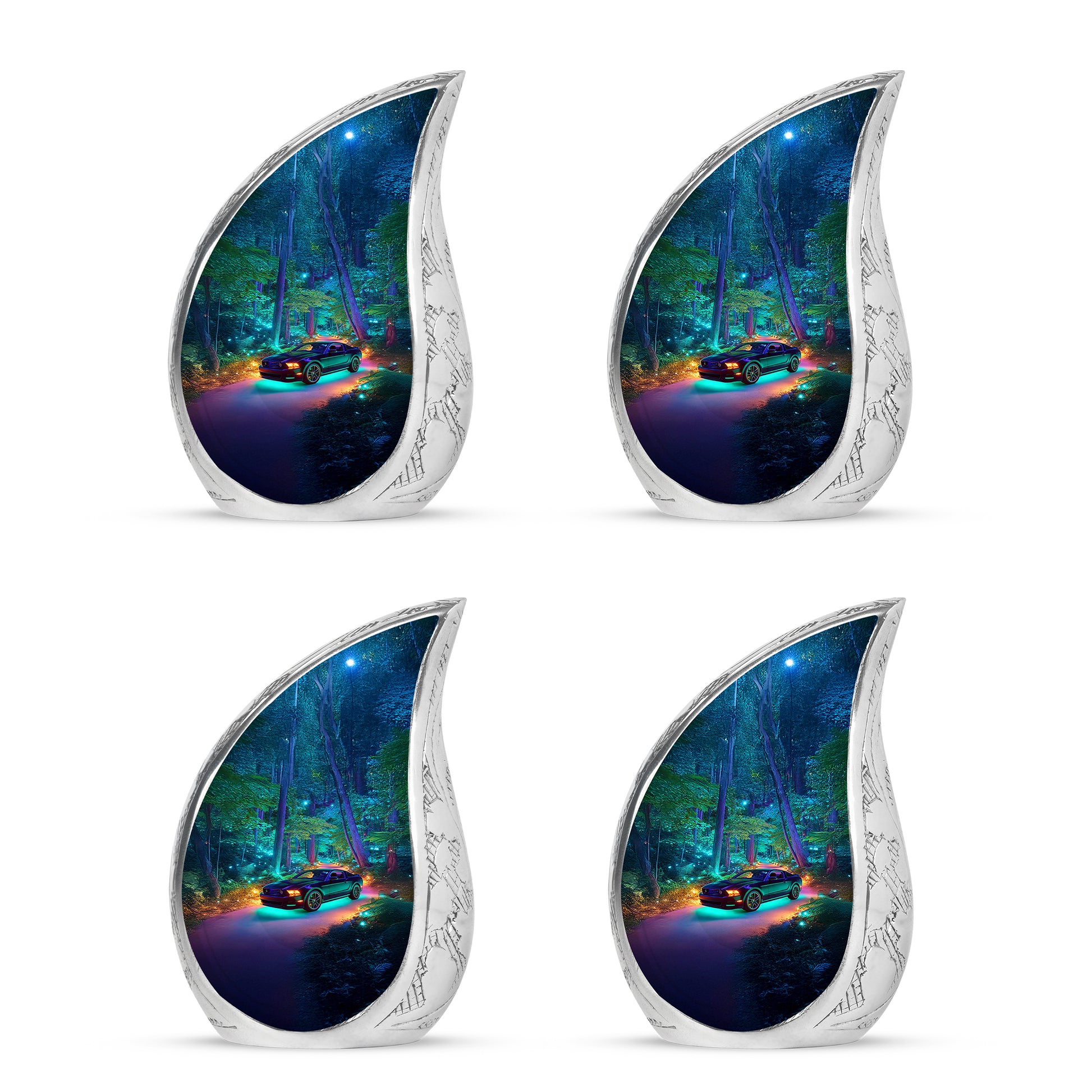 Celestial Blue Car Cremation Urn close-up of engraving and surface detail - flowing teardrop car silhouette on curved aluminum - 10 inch aluminum urn for cremated remains