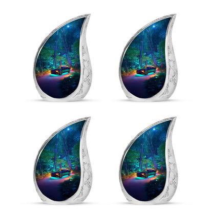 Celestial Blue Car Cremation Urn close-up of engraving and surface detail - flowing teardrop car silhouette on curved aluminum - 10 inch aluminum urn for cremated remains