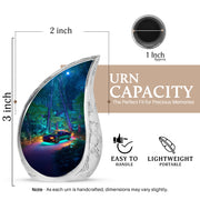 Soft Blue Car Cremation Urn angled view of lid and engraved motif - smooth teardrop contour featuring car art - mini keepsake memorial for portion of cremation ashes