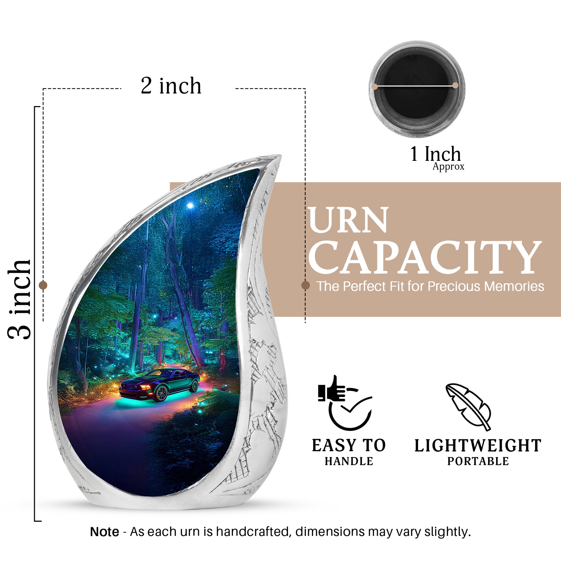 Soft Blue Car Cremation Urn angled view of lid and engraved motif - smooth teardrop contour featuring car art - mini keepsake memorial for portion of cremation ashes