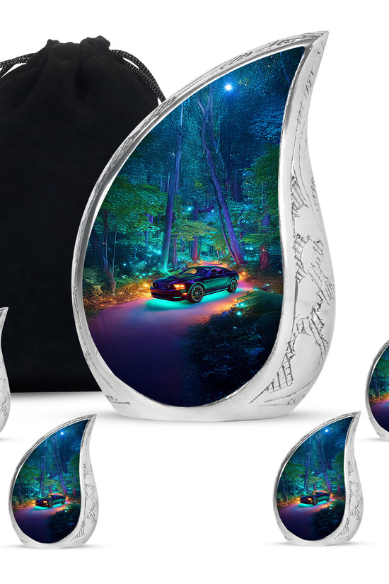 Cobalt Blue Car Cremation Urn side profile showing urn shape - smooth teardrop contour featuring car art - memorial set with one large and four small urns