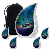 Cobalt Blue Car Cremation Urn side profile showing urn shape - smooth teardrop contour featuring car art - memorial set with one large and four small urns