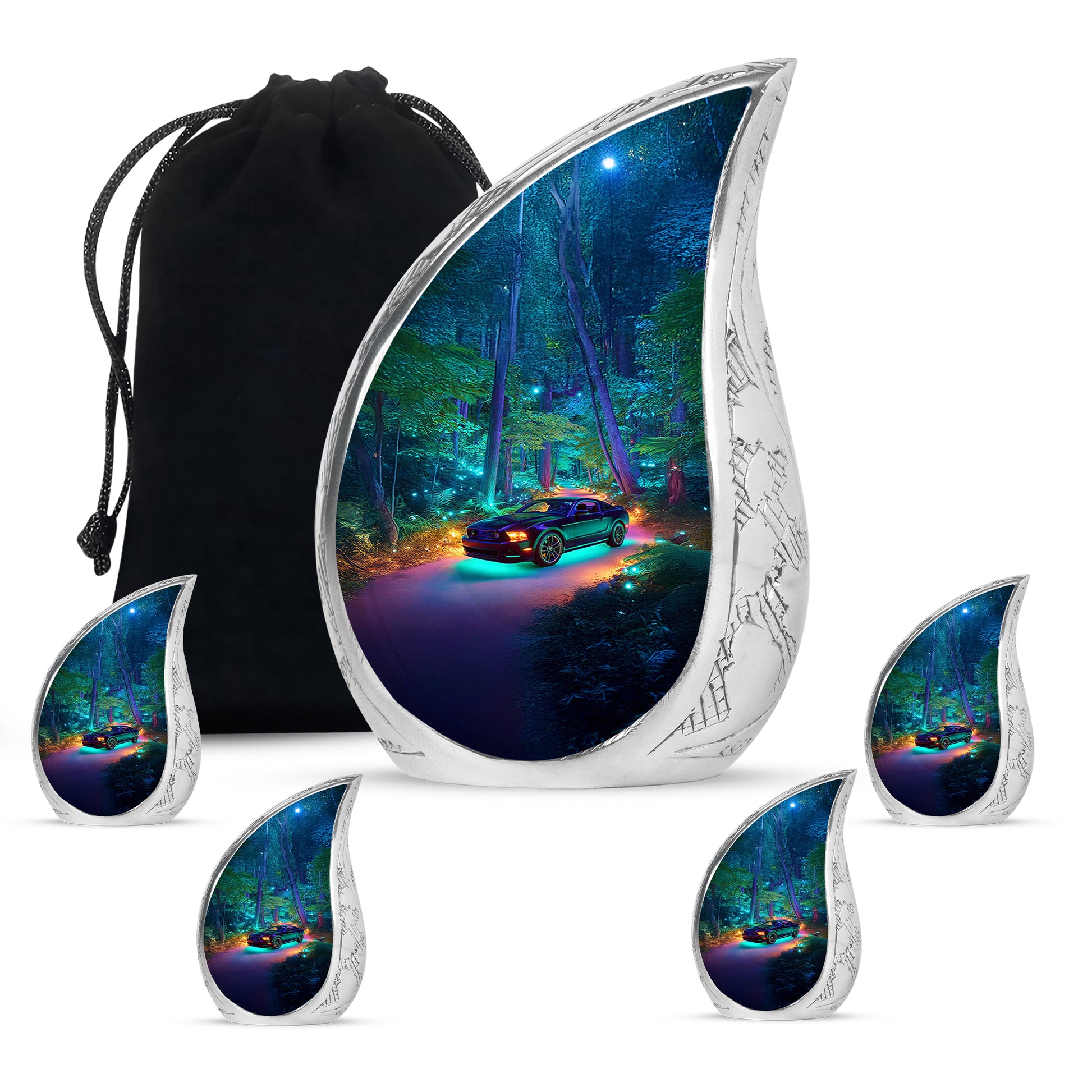 Cobalt Blue Car Cremation Urn side profile showing urn shape - smooth teardrop contour featuring car art - memorial set with one large and four small urns