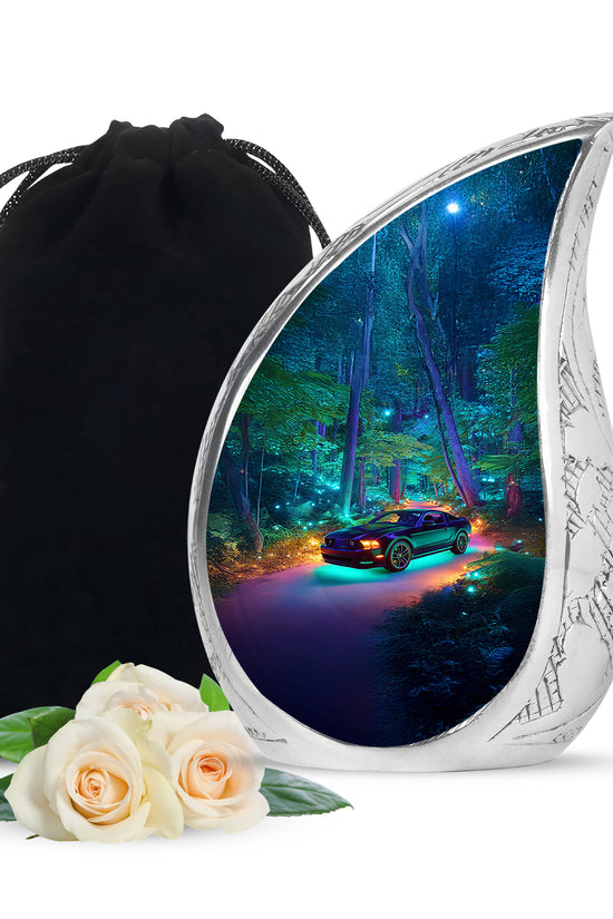 Vivid Blue Car Cremation Urn front view showing detailed design - smooth teardrop contour featuring car art - full-size 10 inch 200 cubic inch adult cremation urn