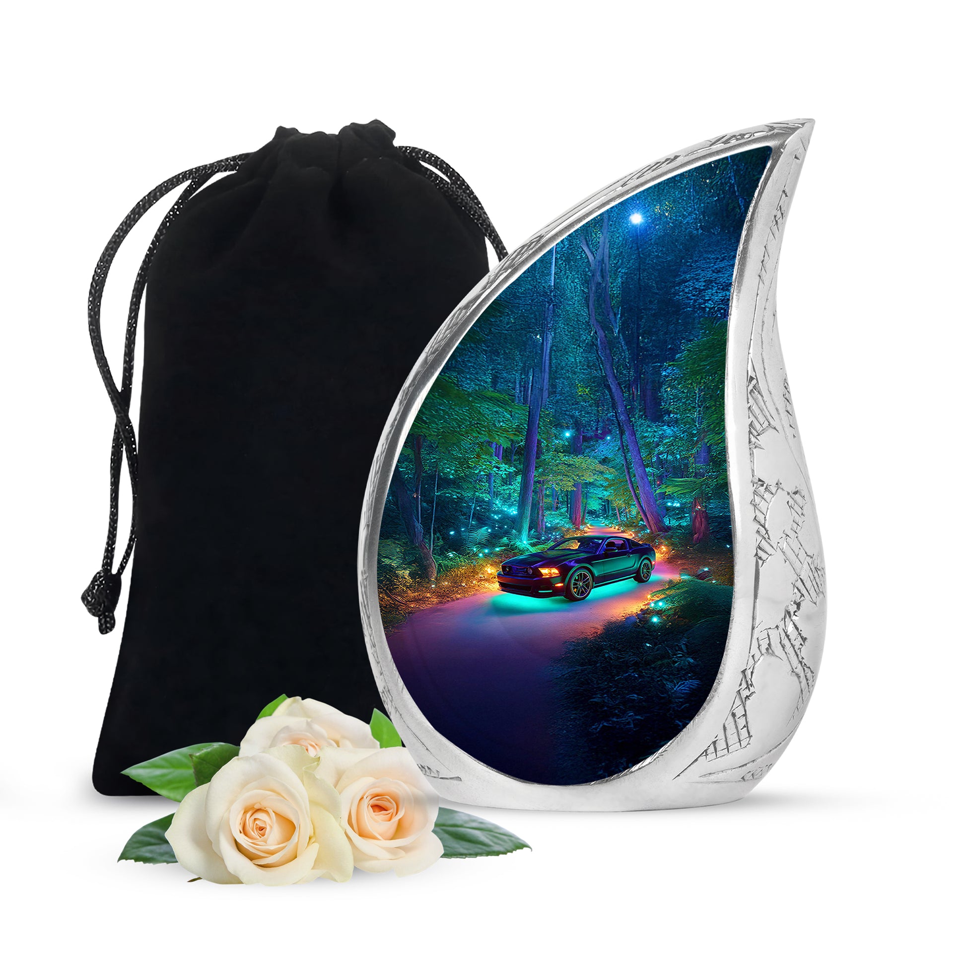 Vivid Blue Car Cremation Urn front view showing detailed design - smooth teardrop contour featuring car art - full-size 10 inch 200 cubic inch adult cremation urn