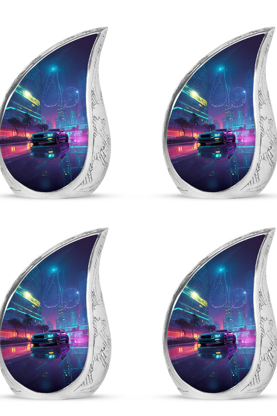 Sky Blue Car Cremation Urn close-up of engraving and surface detail - flowing teardrop car silhouette on curved aluminum - 10 inch aluminum urn for cremated remains