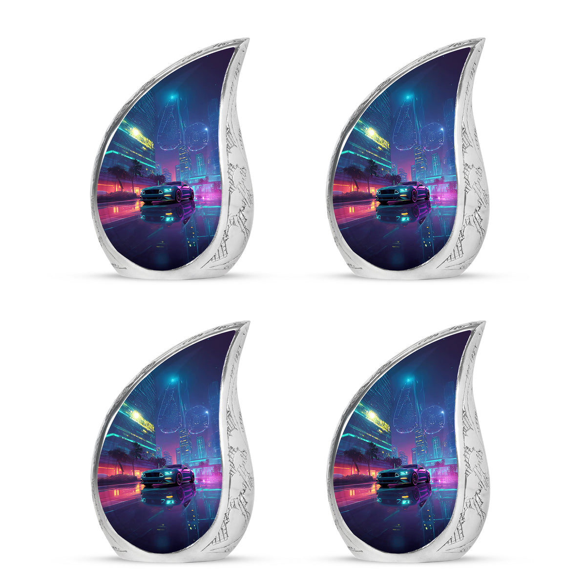 Sky Blue Car Cremation Urn close-up of engraving and surface detail - flowing teardrop car silhouette on curved aluminum - 10 inch aluminum urn for cremated remains