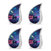 Sky Blue Car Cremation Urn close-up of engraving and surface detail - flowing teardrop car silhouette on curved aluminum - 10 inch aluminum urn for cremated remains