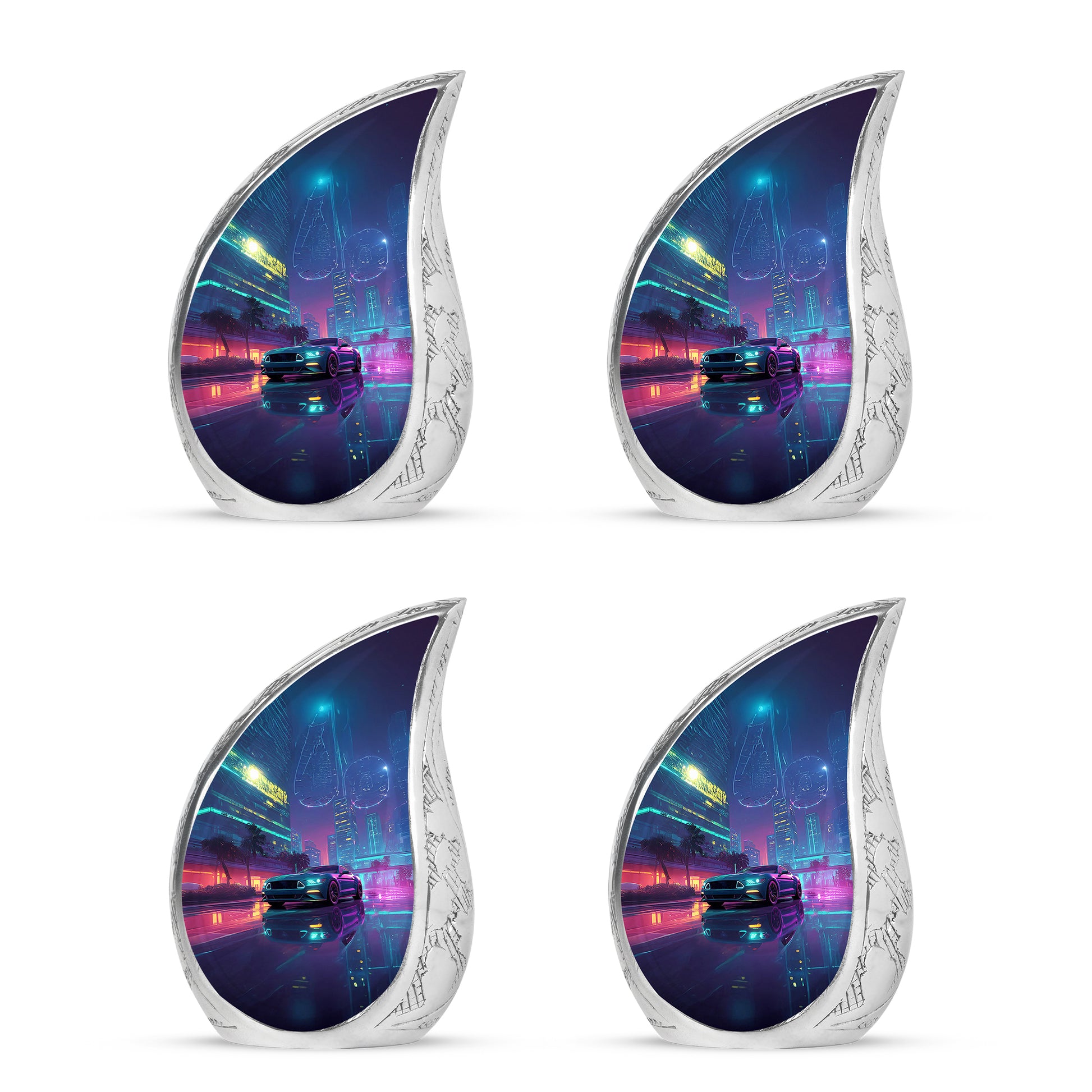 Sky Blue Car Cremation Urn close-up of engraving and surface detail - flowing teardrop car silhouette on curved aluminum - 10 inch aluminum urn for cremated remains