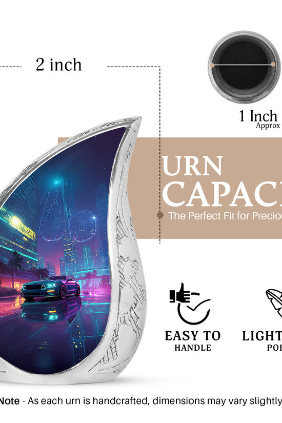 Calming Blue Car Cremation Urn angled view of lid and engraved motif - smooth teardrop contour featuring car art - mini keepsake memorial for portion of cremation ashes